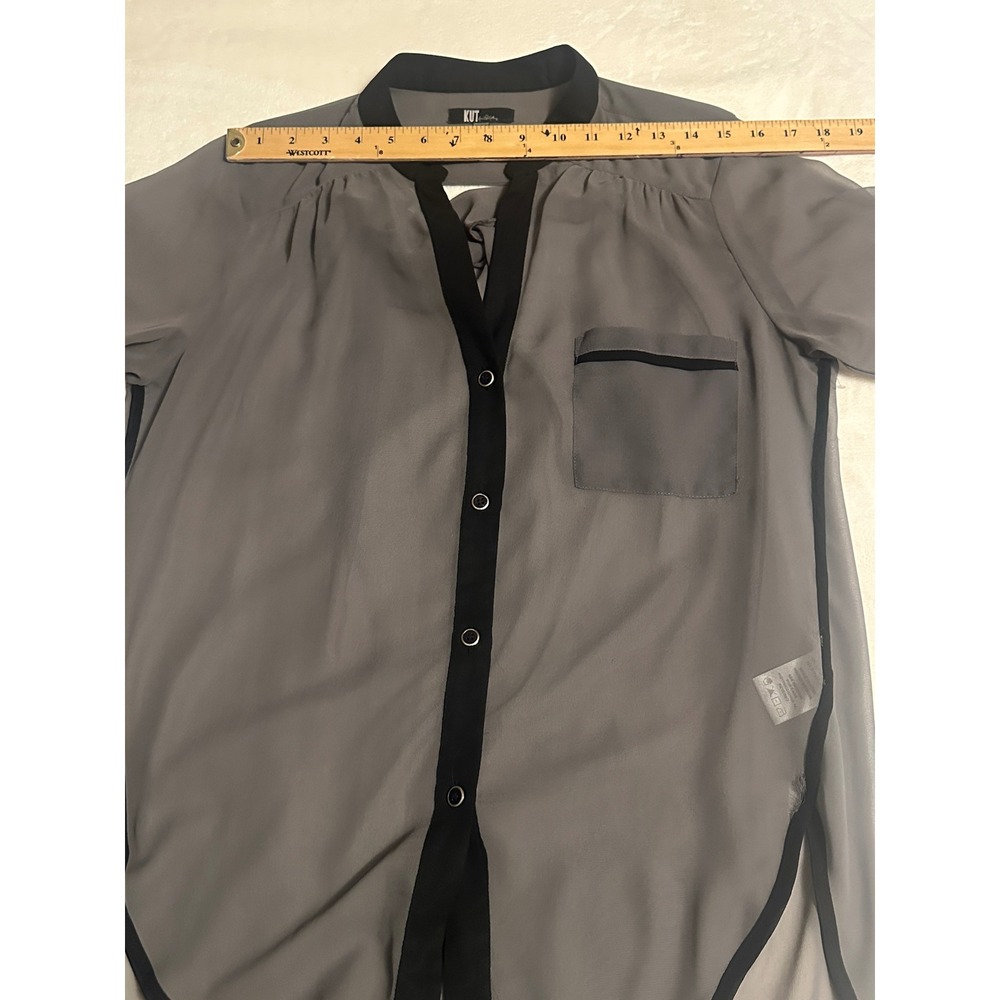 KUT from the Kloth Grey Sheer Draped Back Blouse Black Trim Medium flowy - Picture 14 of 16